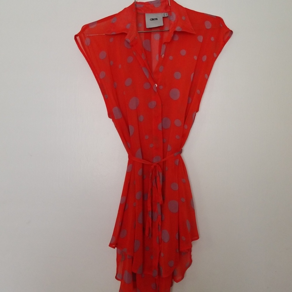 Asos Button Down Sheer Red Polka Dots Tunic